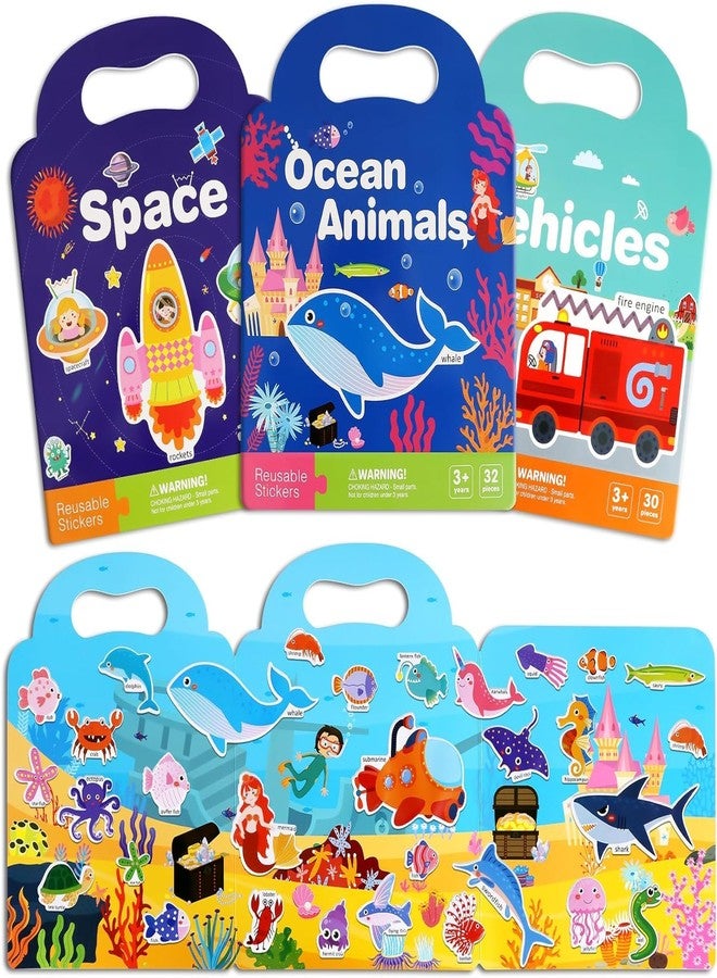 Slipps Reusable Sticker Books for Kids - Cute Waterproof Sticker for Toddler 2-6 Year Old Fun Travel Toys Learning Activities Girl Boy Gift Birthday Party Play Set (Vehicles+Ocean+Space) Pack of 3 - Image 1